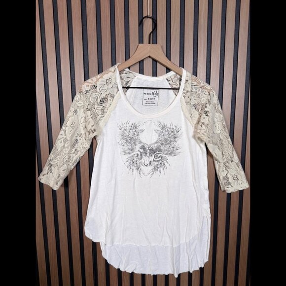 Free People Top XS Womens White Beige Round Neck Lace Long Sleeve Blowfish - Picture 1 of 7